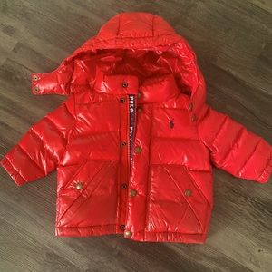 Ralph Lauren polo puffer coat, Red, Size 9months.